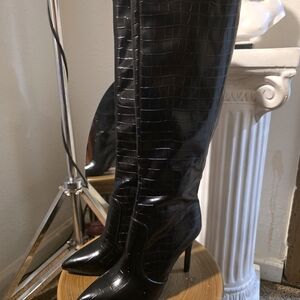 Black Croc-Embossed Knee-High Boots
